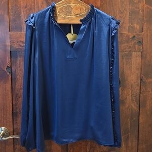 Ryegrass American Navy Blue Elegant Flowy Blouse with Ruffle Details NWT